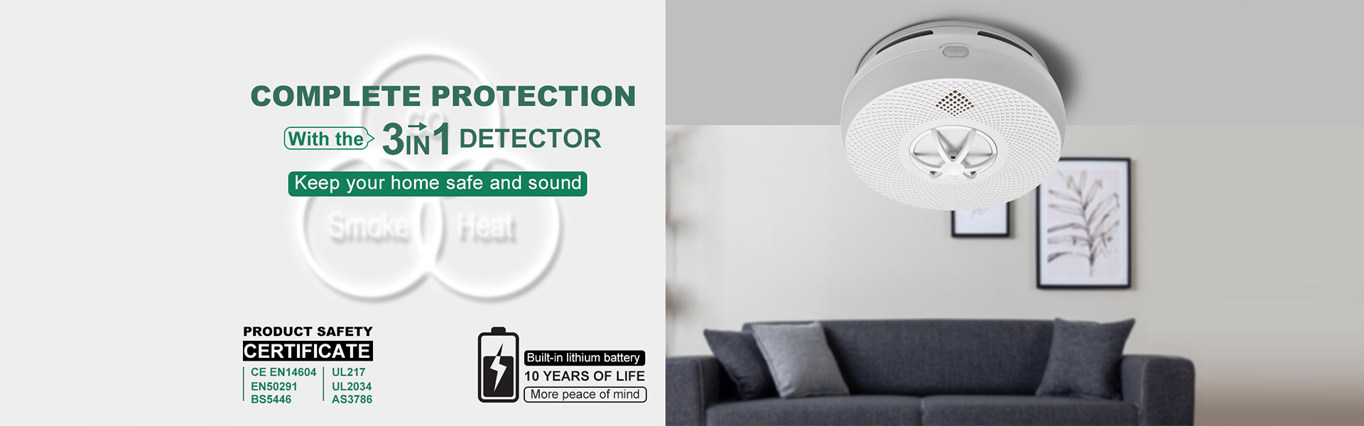 Premium 3-in-1 Smoke Heat & CO Combination Detector for Commercial Use
